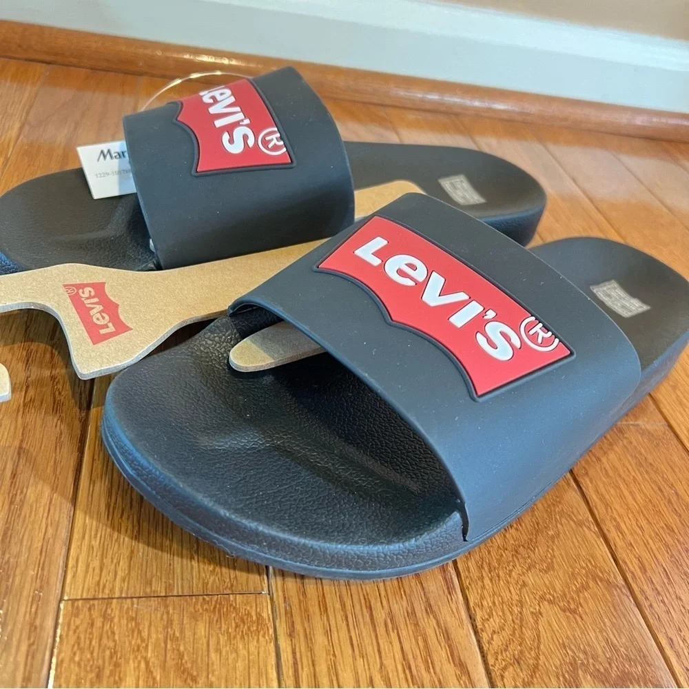 LEVIS Mens Batwing Slide 2 Black & Red Synthetic Upper Slippers Logo Size: 11,12